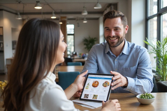 A smiling male nutritionist discussing a meal plan with a client