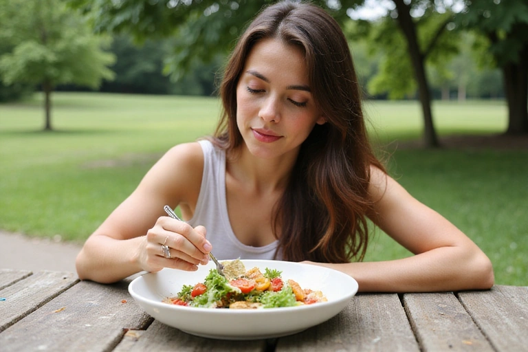 A person enjoying a vibrant, healthy salad outdoors, symbolizing mindful eating.