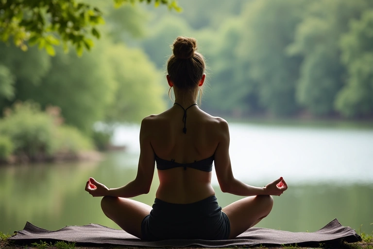 A person doing yoga or meditation in a peaceful, natural setting, representing mental well-being.