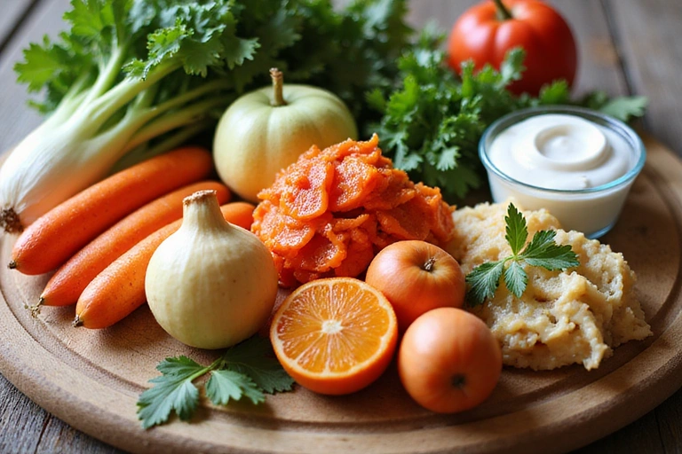 Close-up of fresh, colorful vegetables and ingredients for gut-healthy cooking.