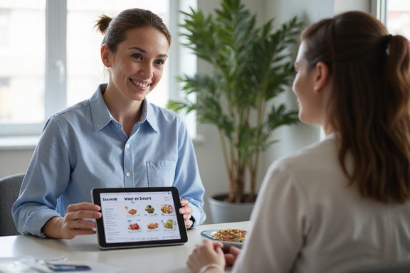 Nutritionist consulting with a client, showing a personalized meal plan on a tablet