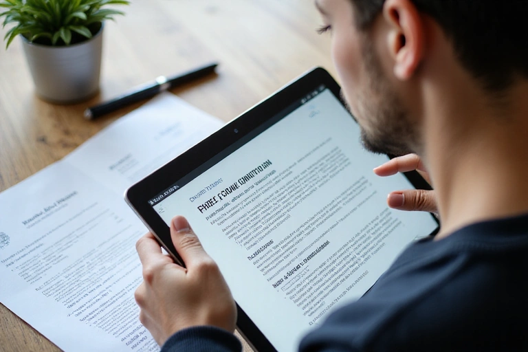 Person reading terms and conditions on a tablet, looking thoughtful
